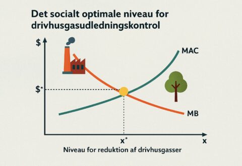 CEPOS grafen viser, hvordan man finder det samfundsøkonomisk optimale niveau for reduktion af drivhusgasser: hvor omkostningen ved at reducere (grøn kurve) præcis matcher den gevinst, man får ved at undgå klimaskader (rød kurve). Det er i dette punkt – markeret som x* og $* – at indsatsen er hverken for slap eller for dyr.